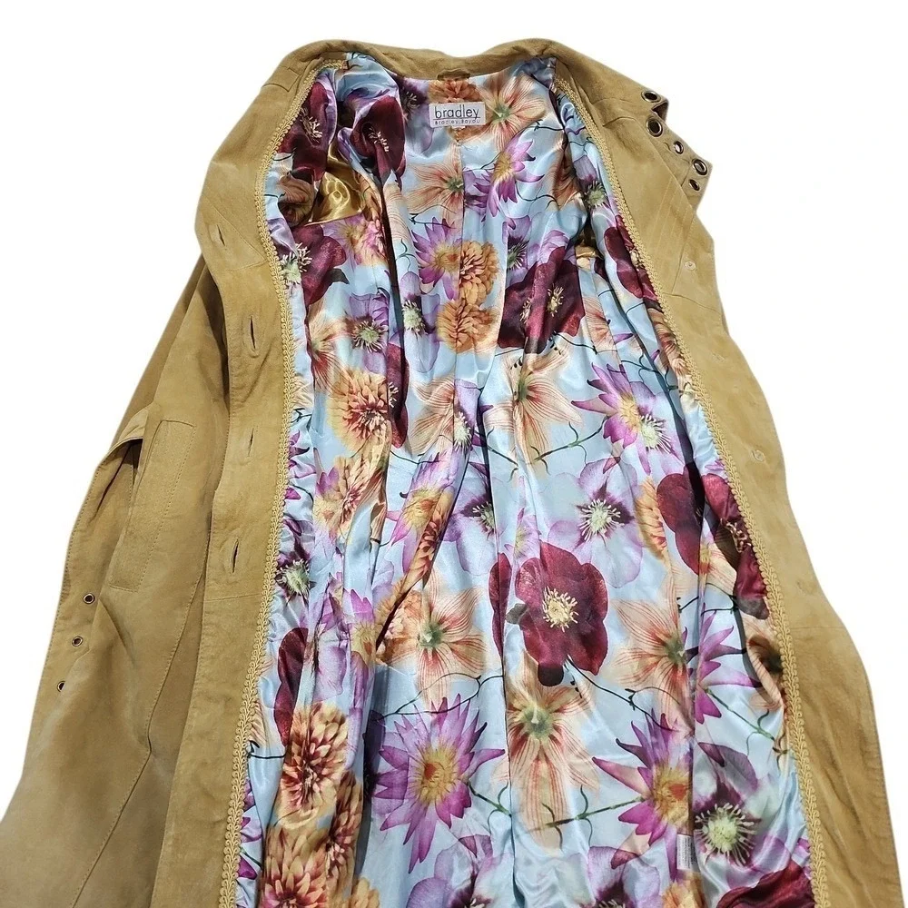 Bradley Bayou Trench Coat Womens Large Tan Suede Floral Lining Boho Chic Luxury